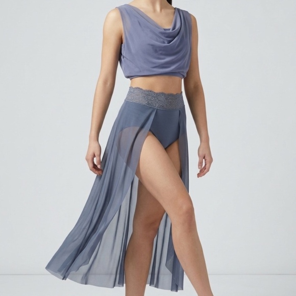 Balera Slate Blue Mesh Cowl Neck Crop Top and Lace Waistband Skirt CS